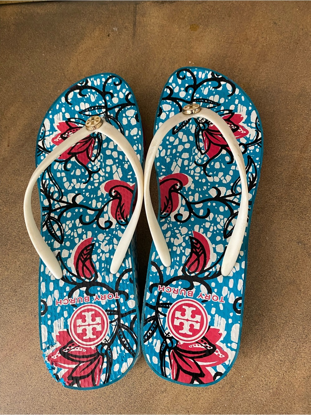 Tory Burch Turquoise, Pink & White Floral Flip Flops